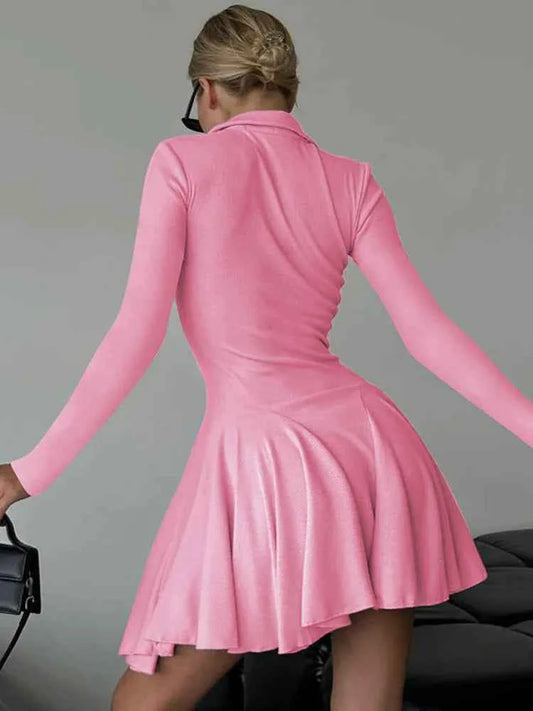 Long Sleeve Pleated Lapel High Waist Knitted Sweater Mini Dress - Rown