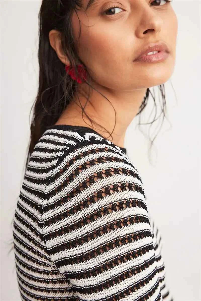 Striped Knit O Neck Long Sleeve High Waist Mini Dress - Rown