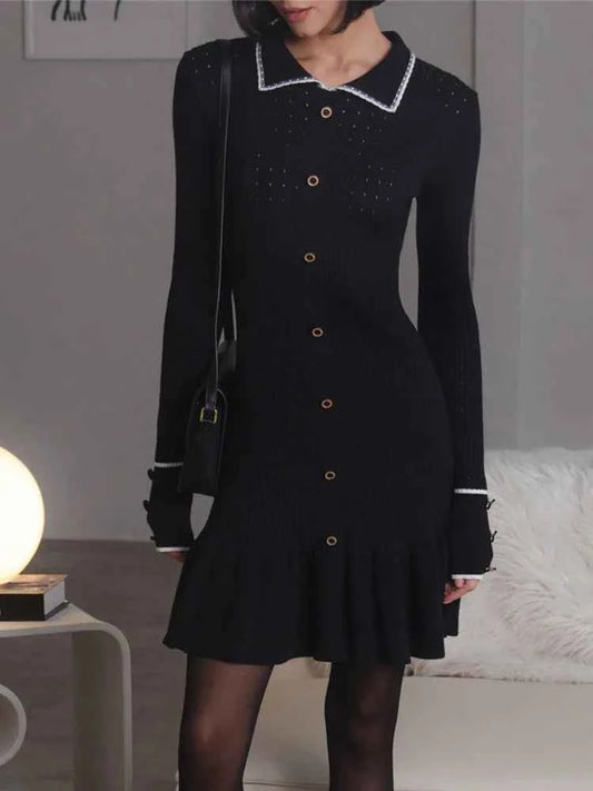 Long Sleeve Lapel Single-Breasted Button Ruffled Knit Mini Dress - Rown