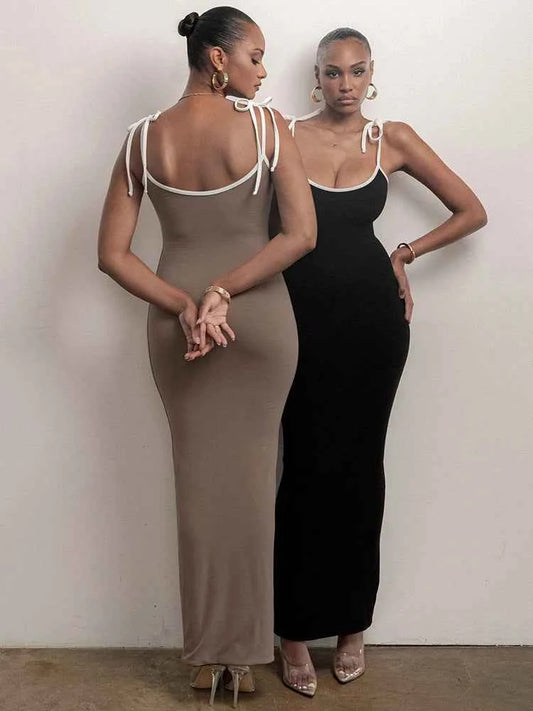 Spaghetti Strap Lace-up Sleeveless Backless Bodycon Evening Maxi Dress - Rown