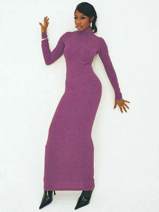 Elegant Turtleneck Long Sleeve Solid Slim Fit High Waist Maxi Dress - Rown