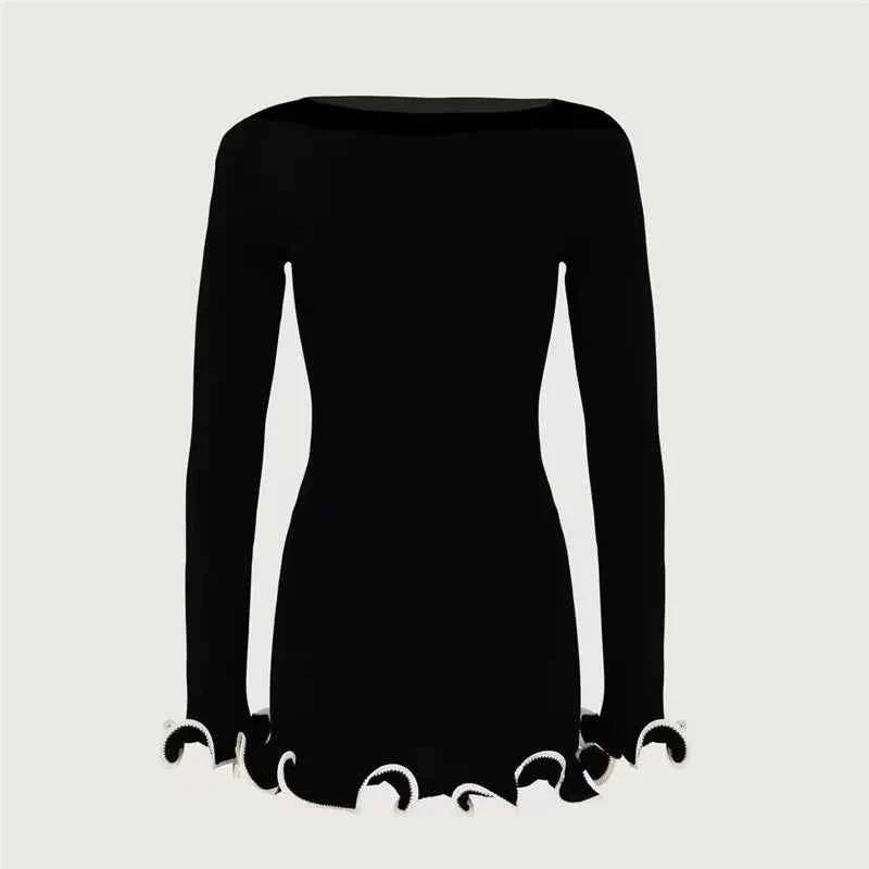 Long Sleeve Sweater Knit Pullovers O Neck Ruffled Mini Dress - Rown