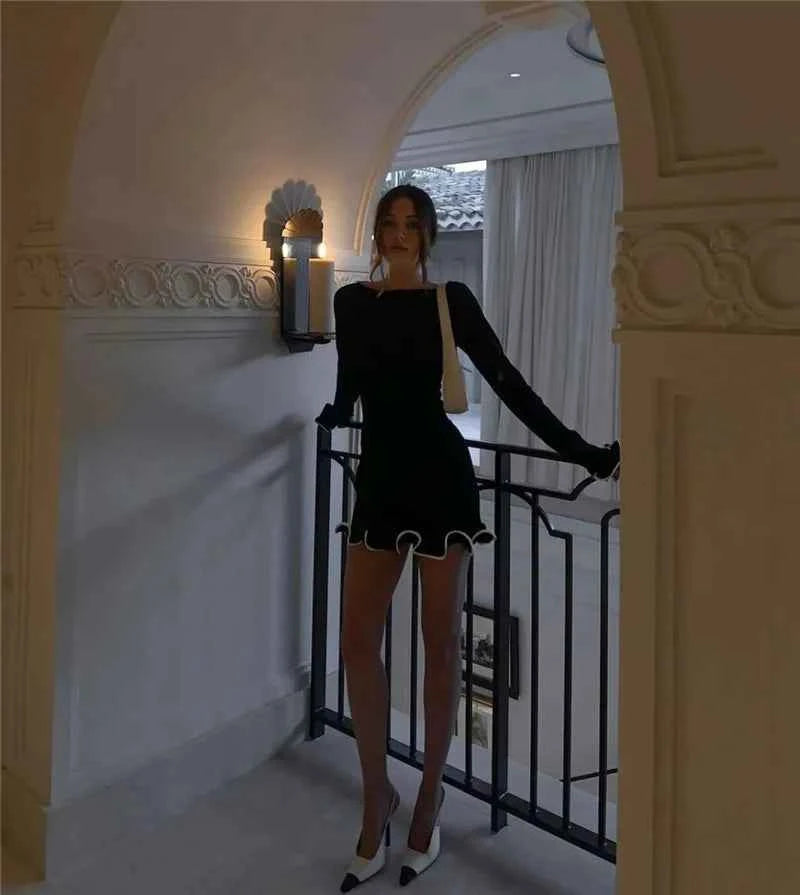 Long Sleeve Sweater Knit Pullovers O Neck Ruffled Mini Dress - Rown