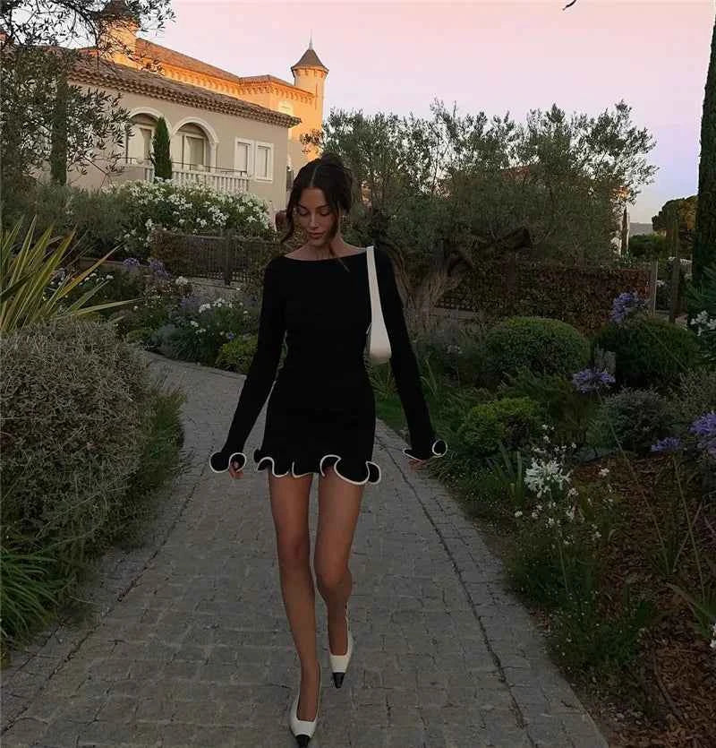 Long Sleeve Sweater Knit Pullovers O Neck Ruffled Mini Dress - Rown