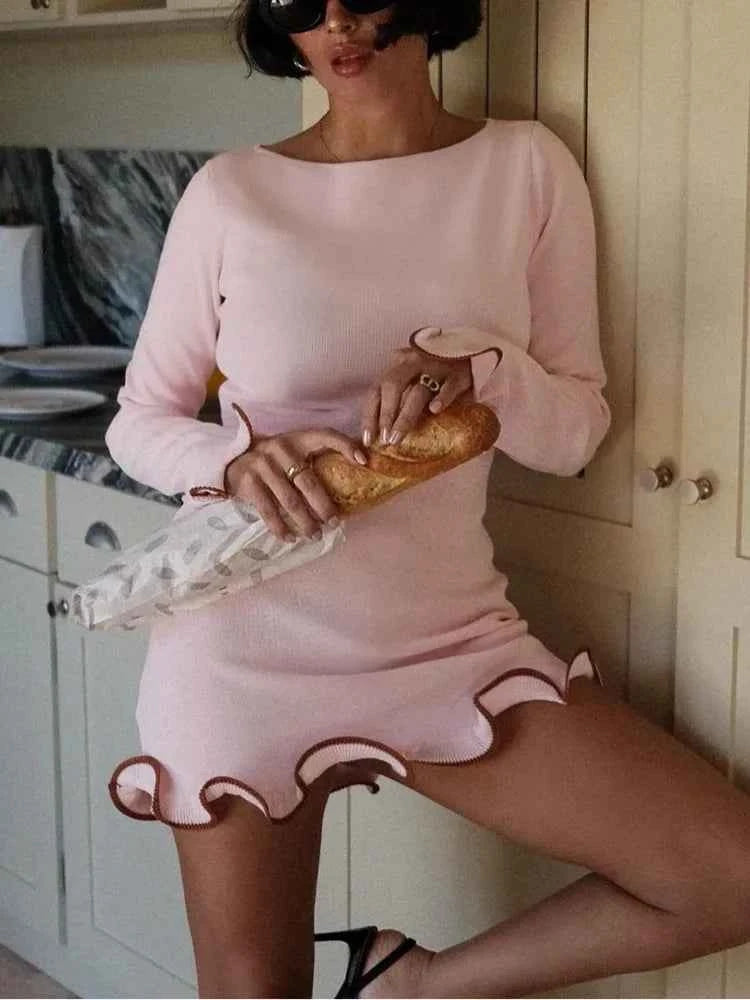 Long Sleeve Sweater Knit Pullovers O Neck Ruffled Mini Dress - Rown