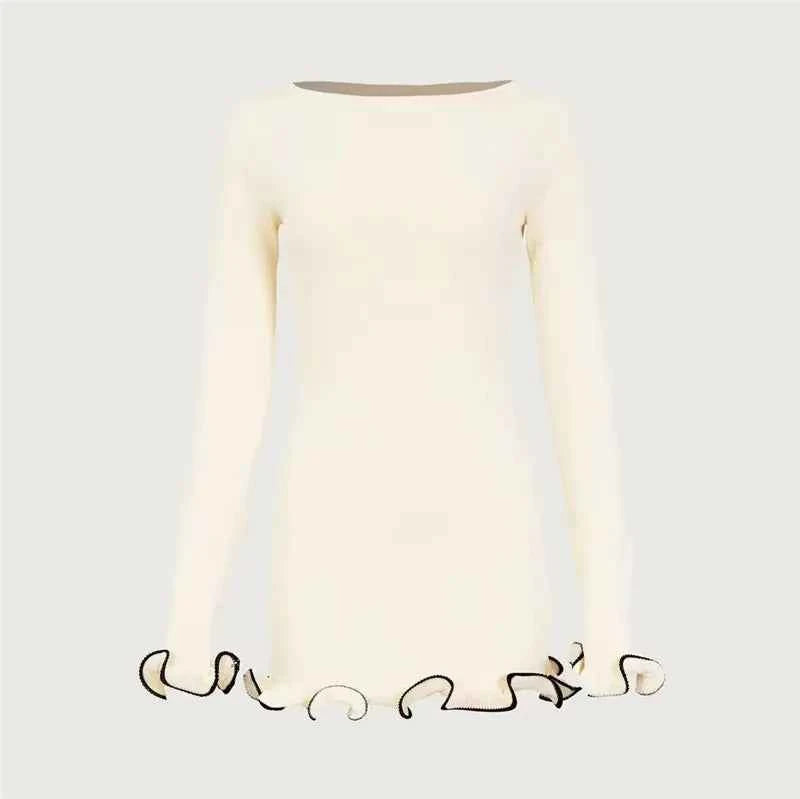 Long Sleeve Sweater Knit Pullovers O Neck Ruffled Mini Dress - Rown