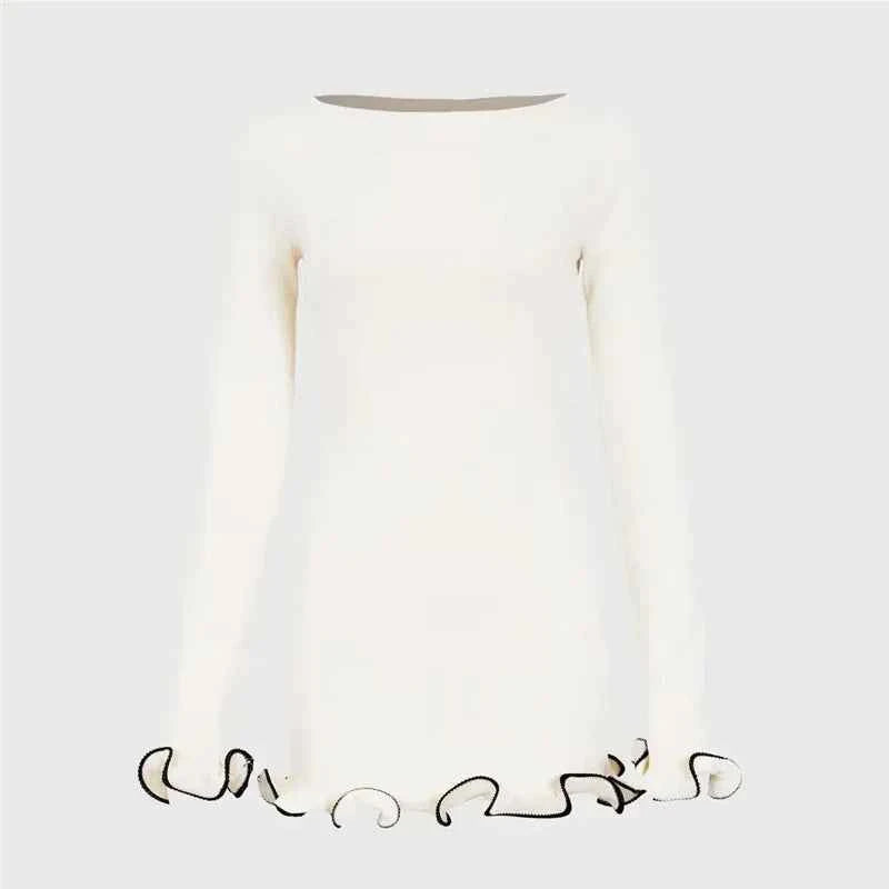 Long Sleeve Sweater Knit Pullovers O Neck Ruffled Mini Dress - Rown