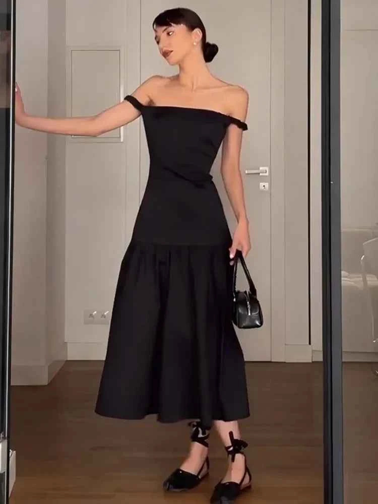 Elegant Sleeveless Solid Slash Neck Slim Fit Midi Dress - Rown