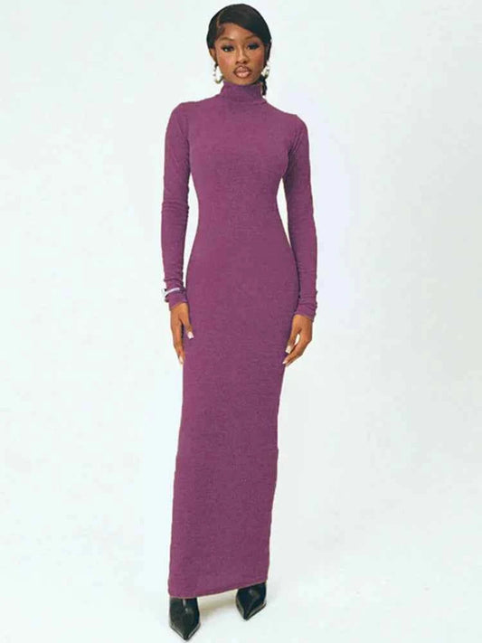 Elegant Turtleneck Long Sleeve Solid Slim Fit High Waist Maxi Dress - Rown