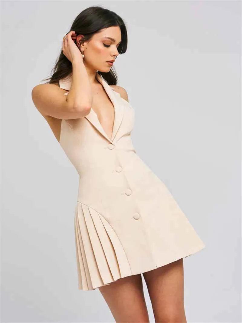 Deep V Neck Sleeveless Single-breasted Backless Mini Dress