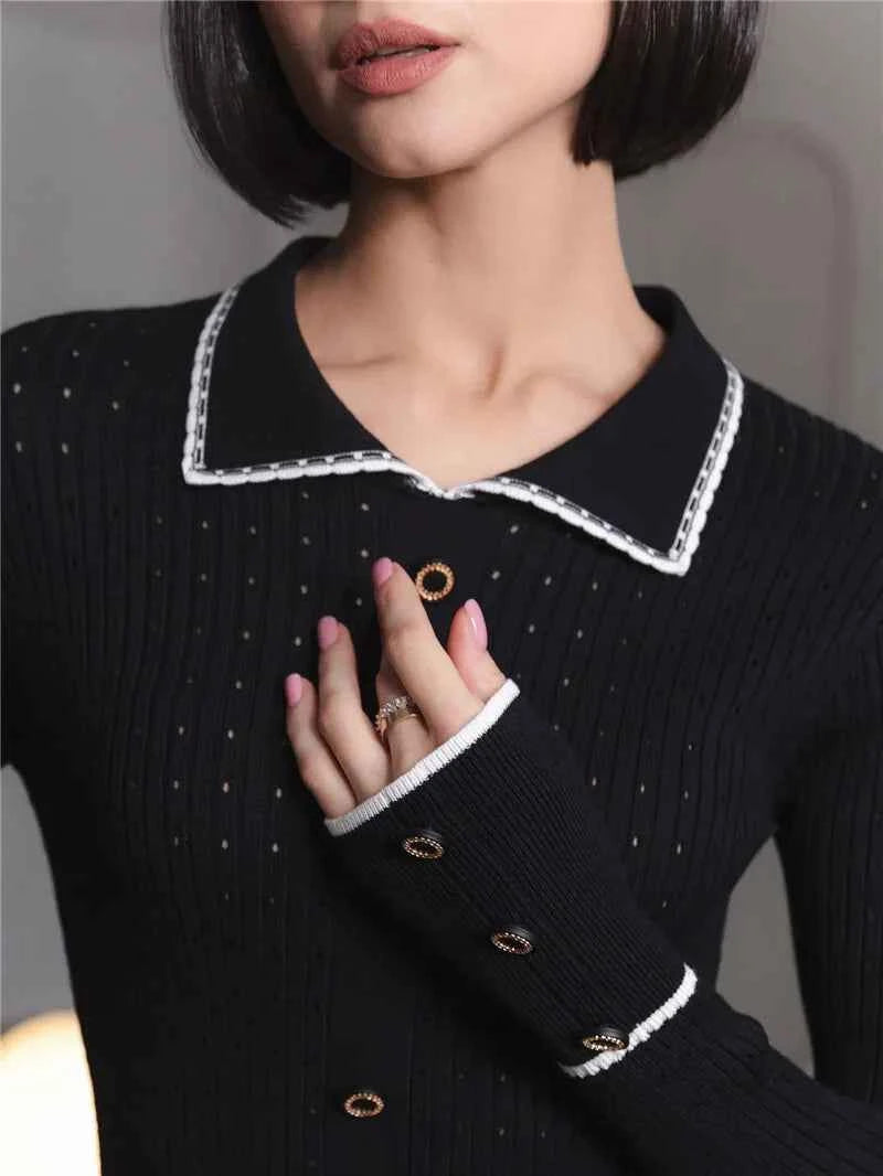 Long Sleeve Lapel Single-Breasted Button Ruffled Knit Mini Dress - Rown