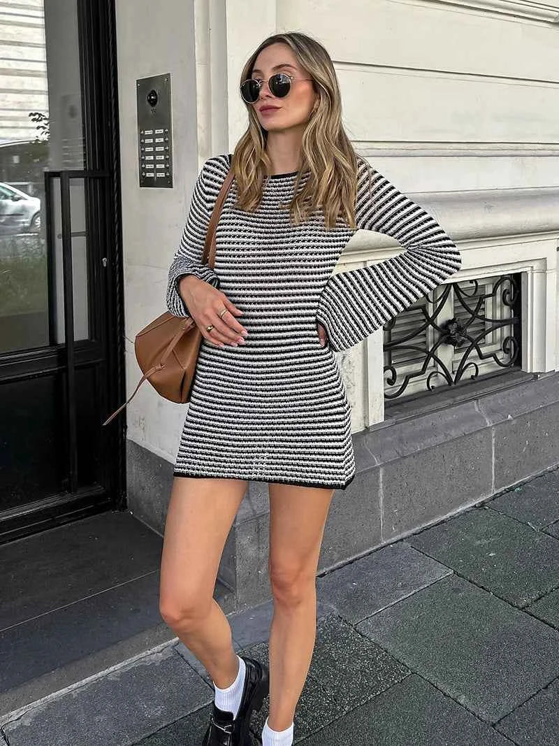 Striped Knit O Neck Long Sleeve High Waist Mini Dress - Rown