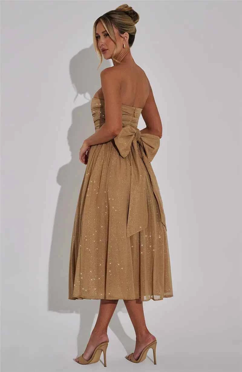 Off-shoulder Backless Bow Strapless Sleeveless A-line Loose Pleated Maxi Dress - Rown