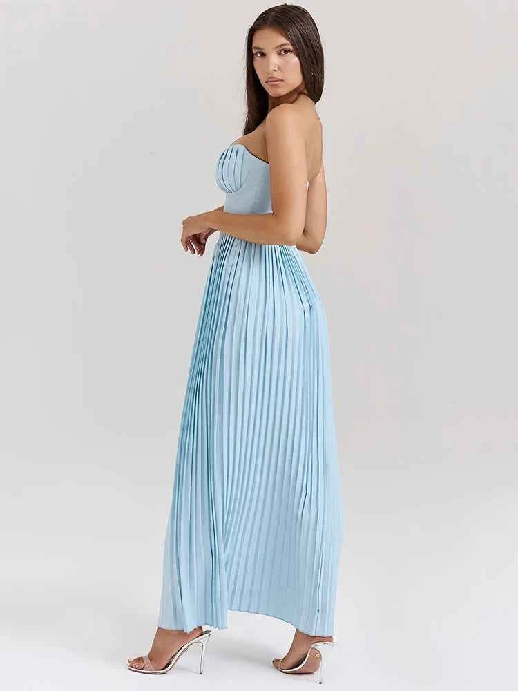 Off-shoulder Backless Pleated Strapless Sleeveless High Waist Maxi Dress - Rown