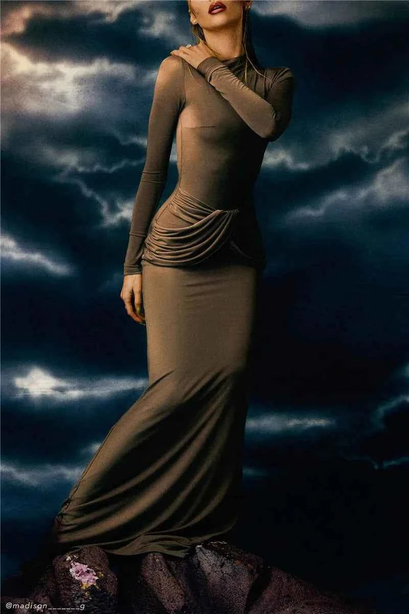 Diagonal Collar Long Sleeve Solid High Waist Ruched Bodycon Maxi Dress - Rown