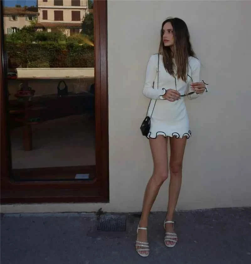 Long Sleeve Sweater Knit Pullovers O Neck Ruffled Mini Dress - Rown