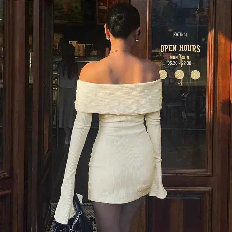 Lace-up Flare Long Sleeve Off-shoulder Backless Bodycon Mini Dress - Rown