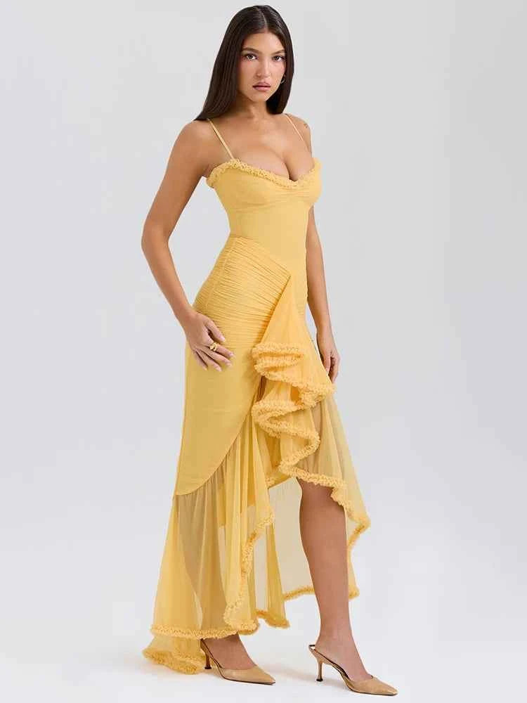 Ruffled Draped Ruched Yellow Spaghetti Strap Sleeveless Backless Maxi Dress