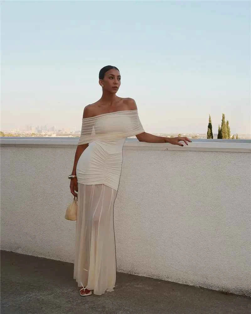 Off-shoulder Backless Mesh Strapless Sleeveless Maxi Dress - Rown