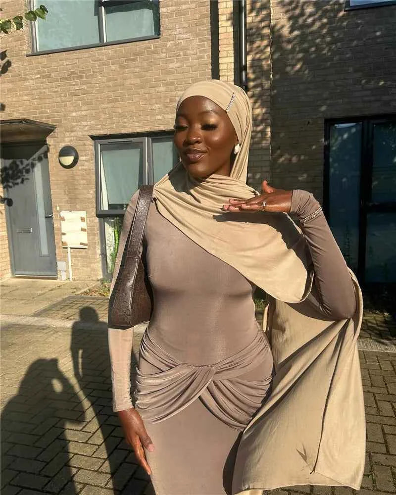 Diagonal Collar Long Sleeve Solid High Waist Ruched Bodycon Maxi Dress - Rown