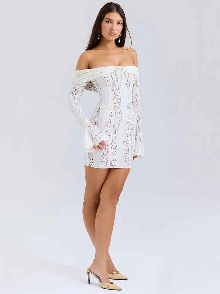 Off-shoulder Lace White Strapless Long Sleeve Backless Mini Dress