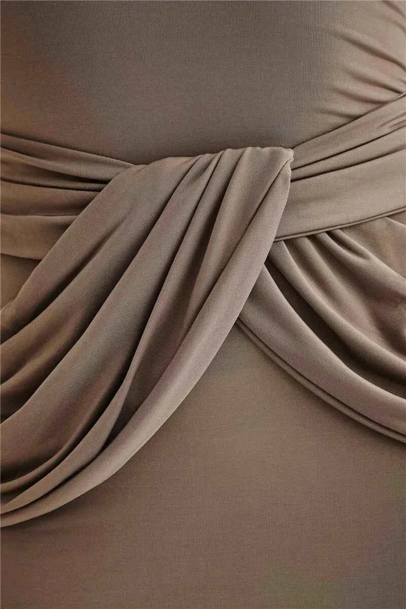 Diagonal Collar Long Sleeve Solid High Waist Ruched Bodycon Maxi Dress - Rown