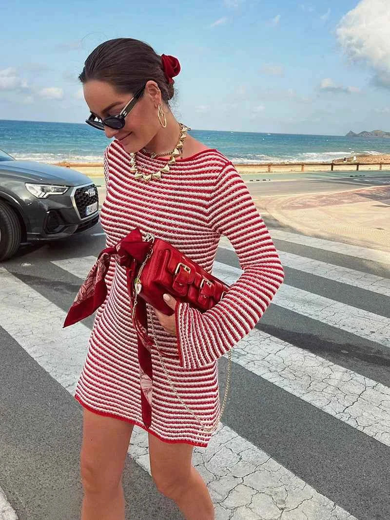 Striped Knit O Neck Long Sleeve High Waist Mini Dress - Rown