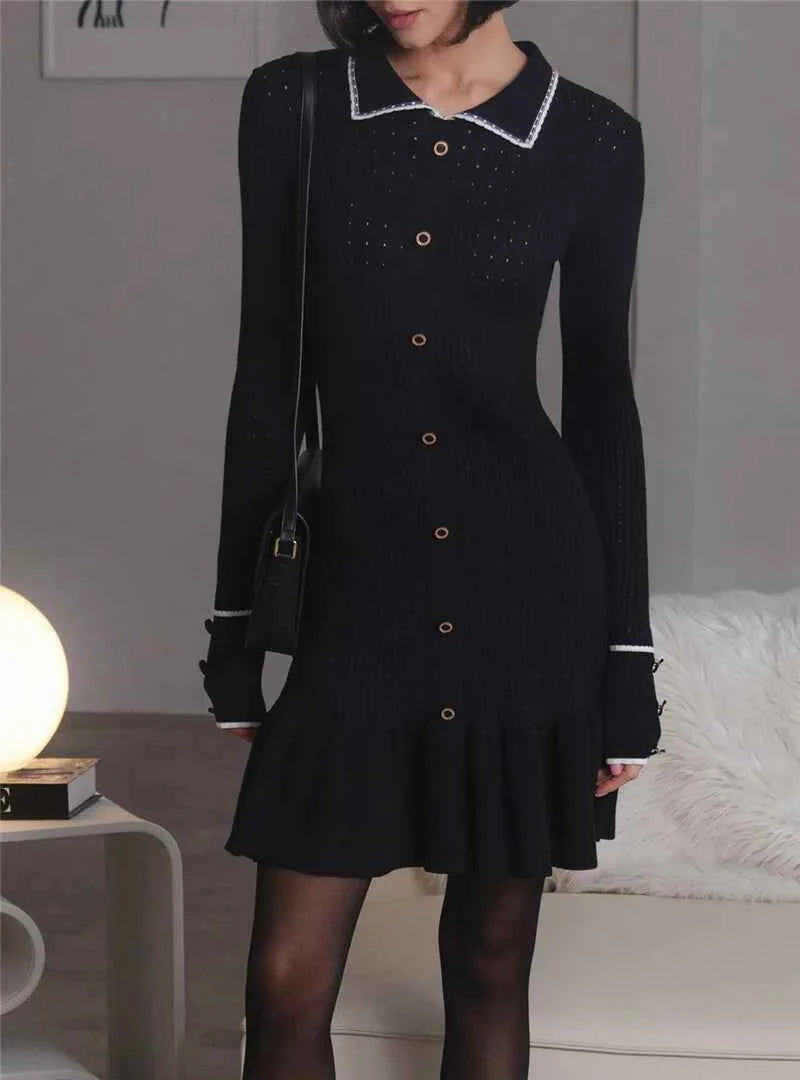 Long Sleeve Lapel Single-Breasted Button Ruffled Knit Mini Dress - Rown