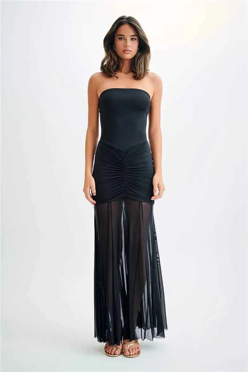 Off-shoulder Backless Mesh Strapless Sleeveless Maxi Dress - Rown