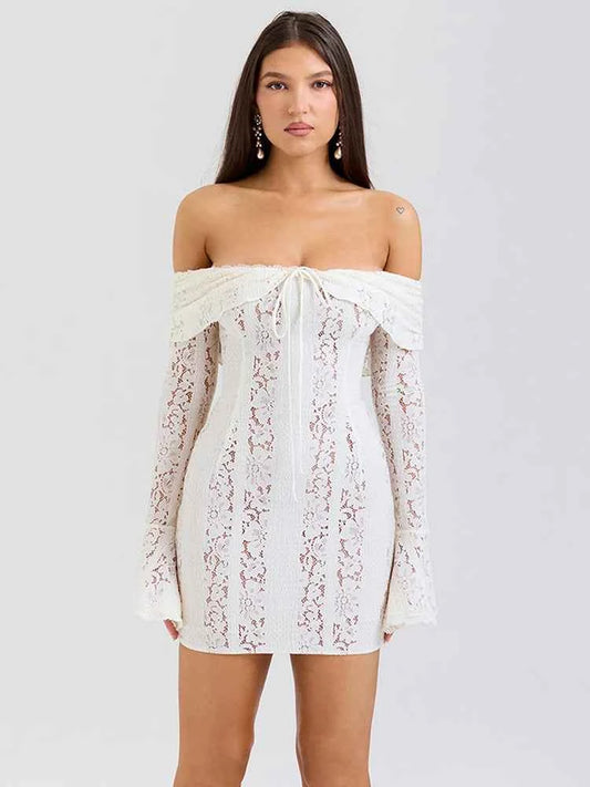 Off-shoulder Lace White Strapless Long Sleeve Backless Mini Dress