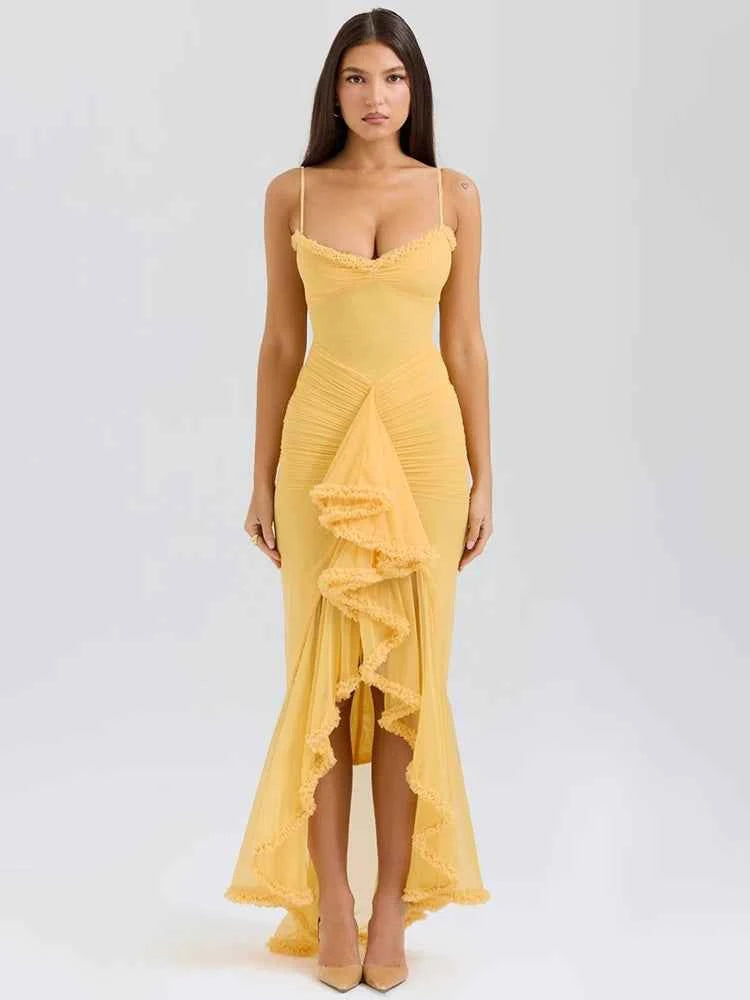 Ruffled Draped Ruched Yellow Spaghetti Strap Sleeveless Backless Maxi Dress
