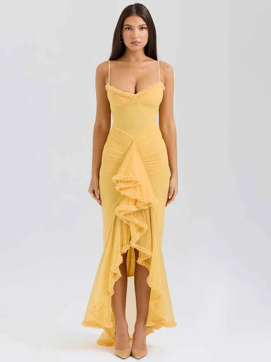 Ruffled Draped Ruched Yellow Spaghetti Strap Sleeveless Backless Maxi Dress