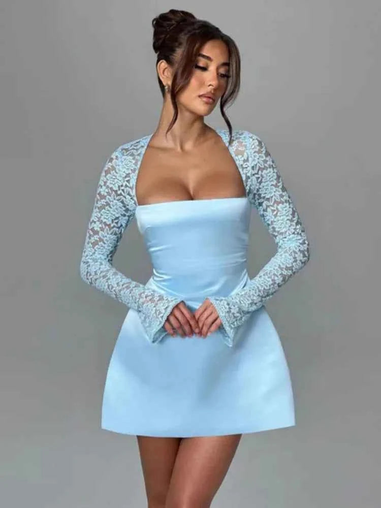 Long Sleeve Robe Square Collar Backless A-line High Waist Lace Mini Dress - Rown