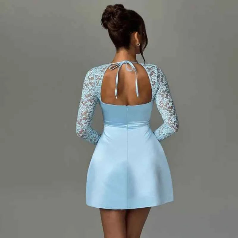 Long Sleeve Robe Square Collar Backless A-line High Waist Lace Mini Dress - Rown