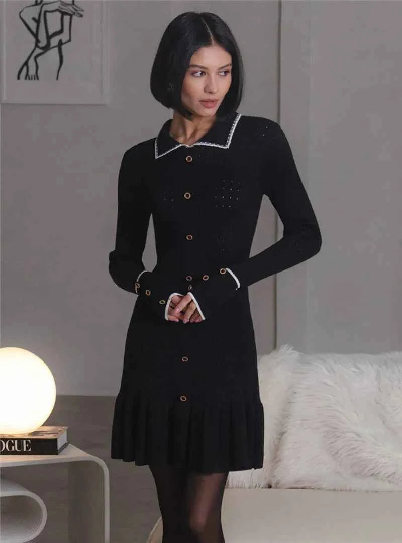 Long Sleeve Lapel Single-Breasted Button Ruffled Knit Mini Dress - Rown