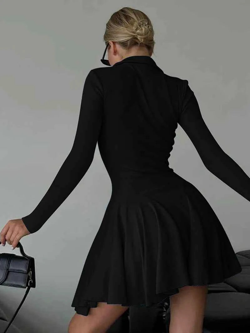 Long Sleeve Pleated Lapel High Waist Knitted Sweater Mini Dress - Rown