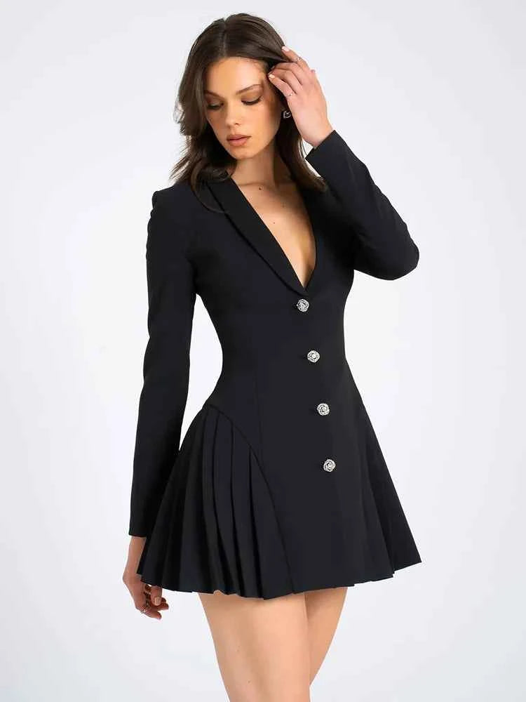 Black Blazer V Neck Single-breasted Long Sleeve High Waist Pleated Mini Dress - Rown