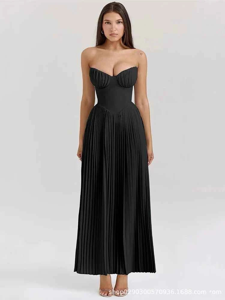 Off-shoulder Backless Pleated Strapless Sleeveless High Waist Maxi Dress - Rown