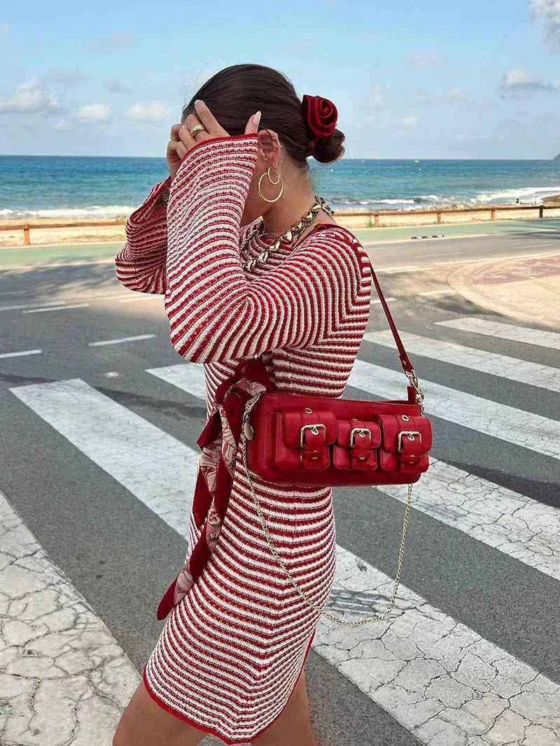 Striped Knit O Neck Long Sleeve High Waist Mini Dress - Rown