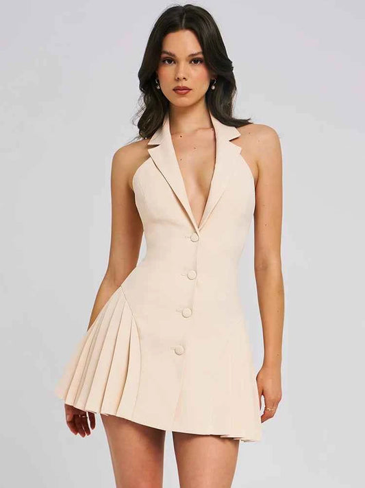 Deep V Neck Sleeveless Single-breasted Backless Mini Dress