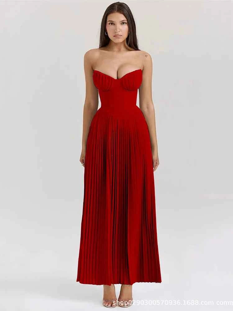 Off-shoulder Backless Pleated Strapless Sleeveless High Waist Maxi Dress - Rown
