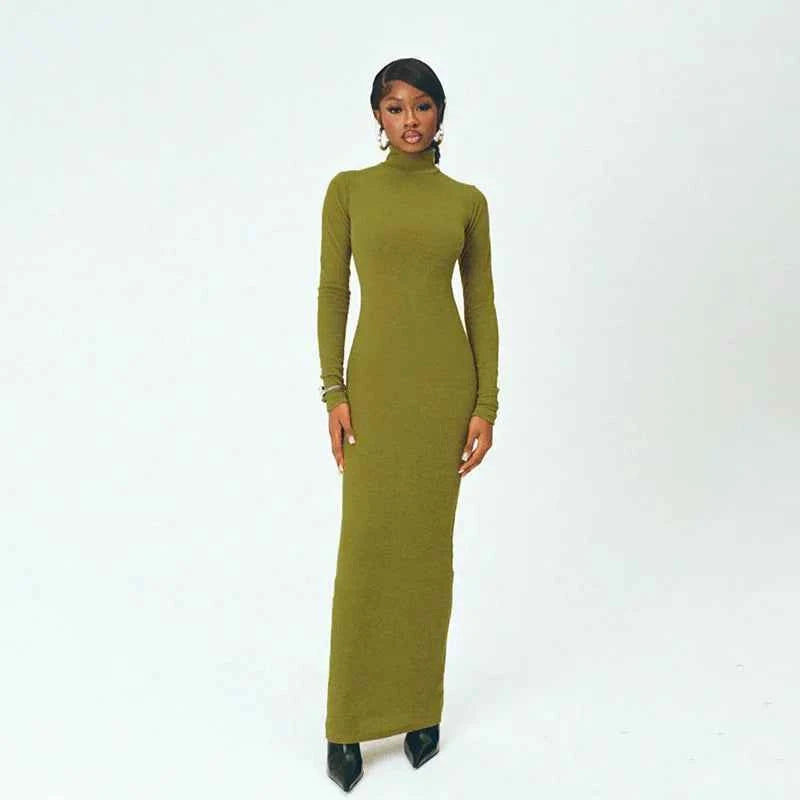 Elegant Turtleneck Long Sleeve Solid Slim Fit High Waist Maxi Dress - Rown