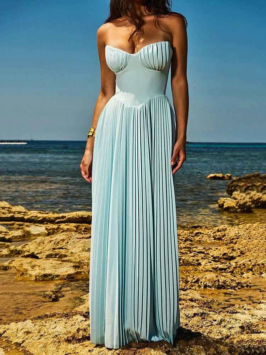 Off-shoulder Backless Pleated Strapless Sleeveless High Waist Maxi Dress - Rown