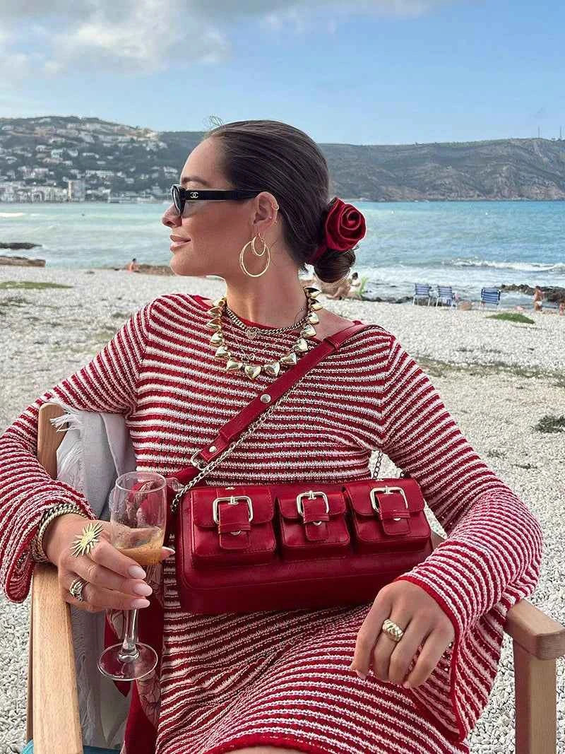 Striped Knit O Neck Long Sleeve High Waist Mini Dress - Rown