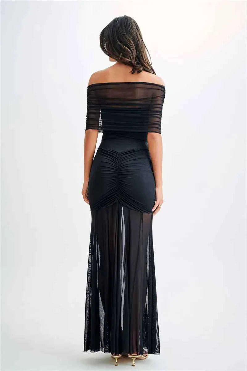 Off-shoulder Backless Mesh Strapless Sleeveless Maxi Dress - Rown
