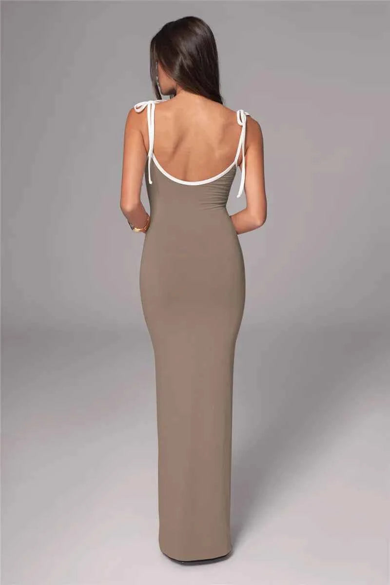 Spaghetti Strap Lace-up Sleeveless Backless Bodycon Evening Maxi Dress - Rown