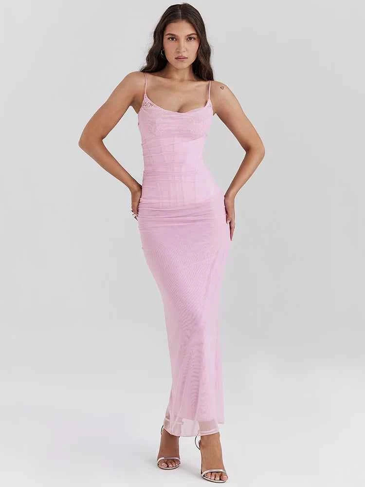 Mesh Purple Fishbone Spaghetti Strap Sleeveless Backless Maxi Dress