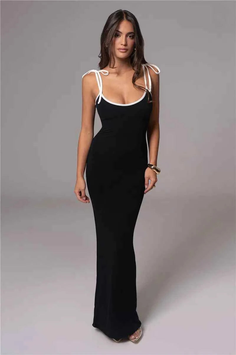 Spaghetti Strap Lace-up Sleeveless Backless Bodycon Evening Maxi Dress - Rown