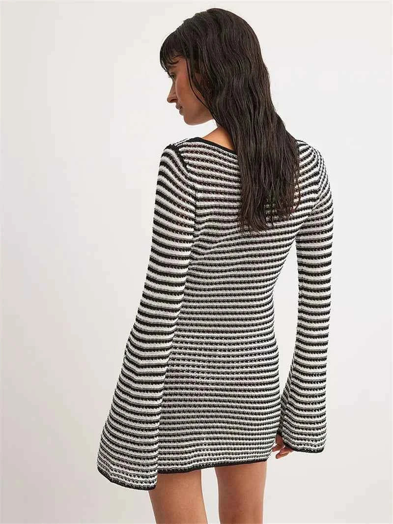 Striped Knit O Neck Long Sleeve High Waist Mini Dress - Rown