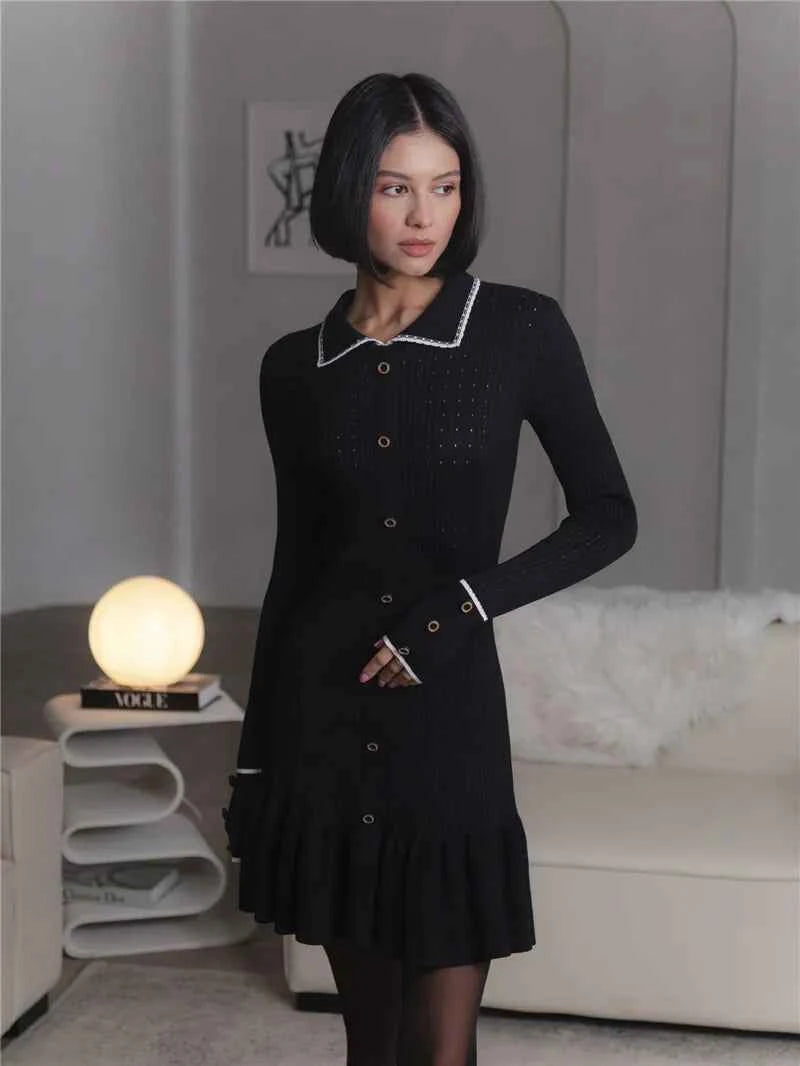 Long Sleeve Lapel Single-Breasted Button Ruffled Knit Mini Dress - Rown